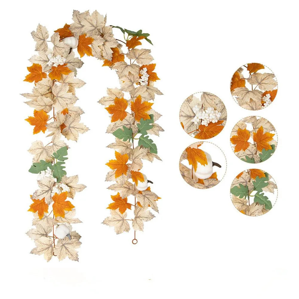 Farmhouse Fall Maples Leaf Garland Artificial Foliage Pumpkin Berry Garland Autumn Hanging Vine Garland Thanksgiving Decor