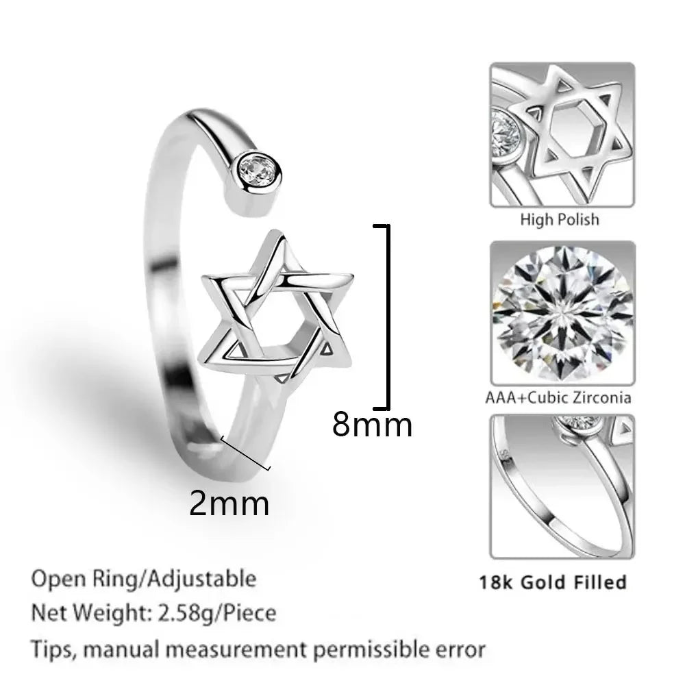 YILUOCD Hollow Hexagon Zircon Jewish Ring for Women Magen Star of David Adjustable Rings Promise Jewelry Gift