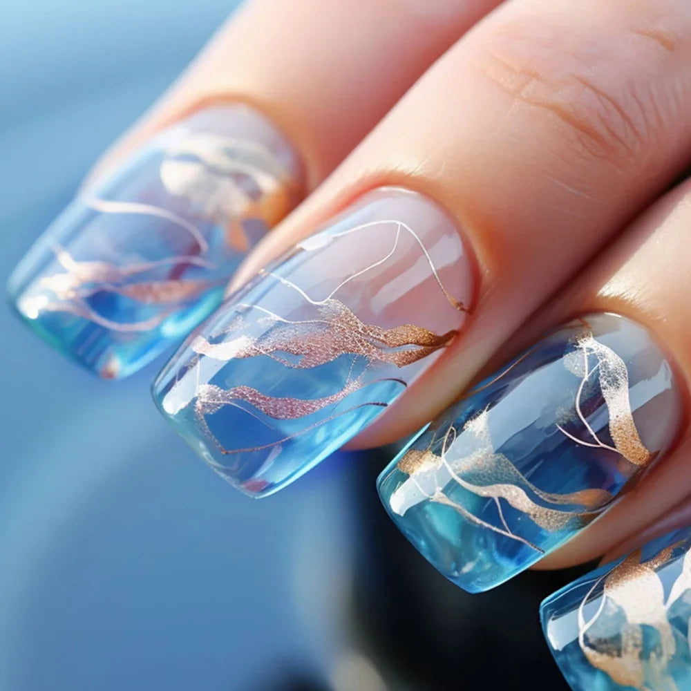 24pcs Golden Stripe Press on Nails Long Square False Nails Full Cover Nail Tips.