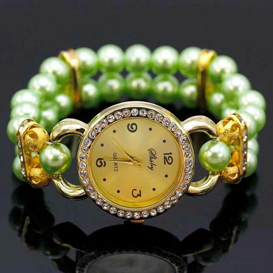 Shsby New Women's Rhinestone Quartz Analog Bracelet Wrist Watch Lady Watches With Colorful Pearls