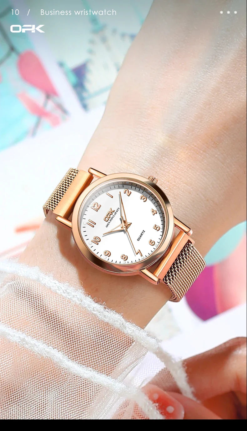 OPK 8115 Women's Watches Simple Fashion Oirginal Wristwatch for Female Stainless Steel Mesh Strap Waterproof Luminous Reloj