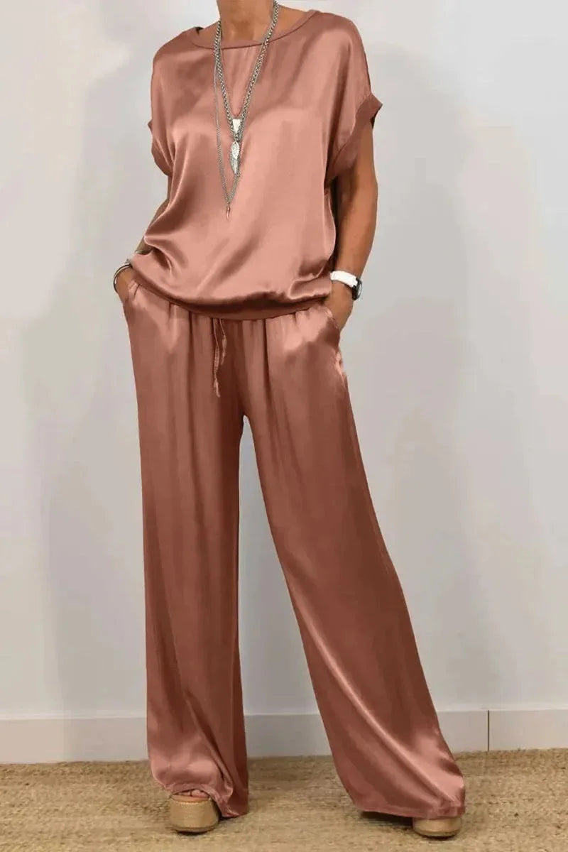 Women's Satin Pants 2 Piece Set Summer Breathe Loose Short Sleeve Top Wide Leg Pants Casual Outfit Office Lady Elagant Set