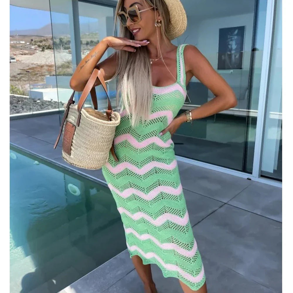 Wepbel Bodycon Dress Slim Summer Sweater Dress Summer Women's Color Knit Beach Wear Matching Wave Pattern Sun Sheath Dress