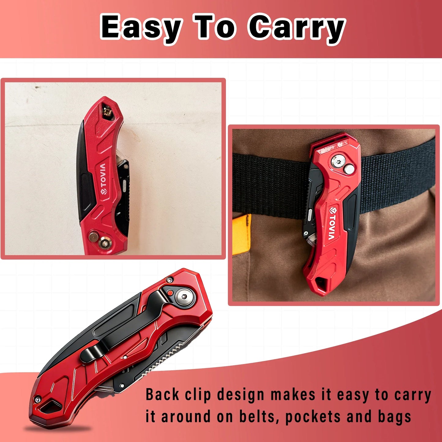 T TOVIA Folding Utility Knife with Blade Storage - Quick-Change Retractable Box Cutter, 3 Extra Blades in Handle, Aluminum Body.