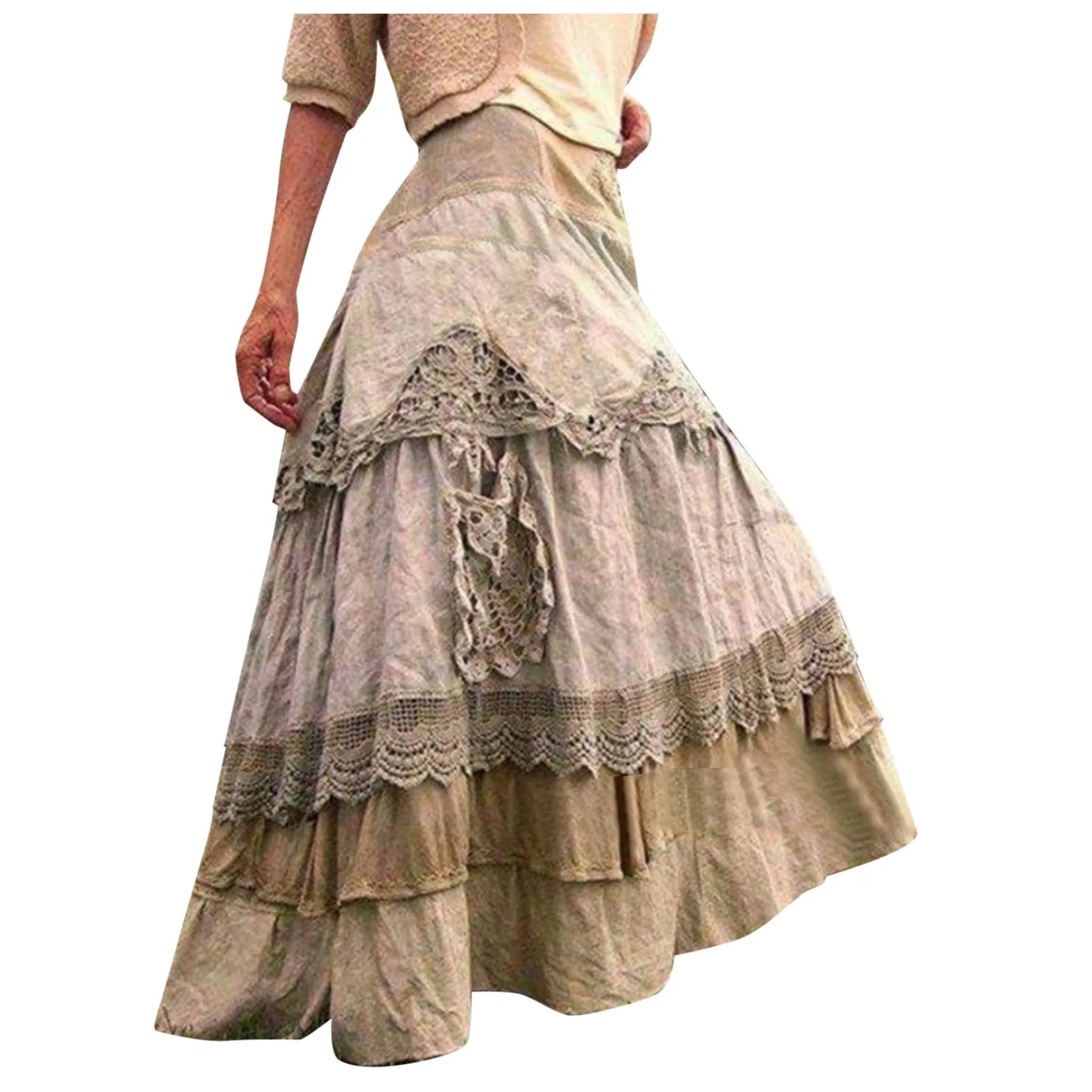 Women's 2025 Summer Boho Tiered Long Lace Skirt Maxi Flared Long Skirts For Women Fairy Casual Patchwork Layered Long Skirts