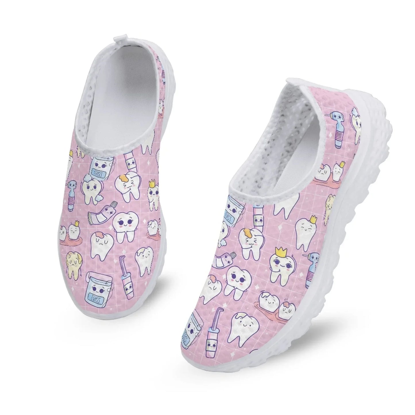 INSTANTARTS Cartoon Dental Loafers Pink Tooth Print Comfortable Breathable Shoes Medical Nurse Shoes Women's Slip On Shoes Flat