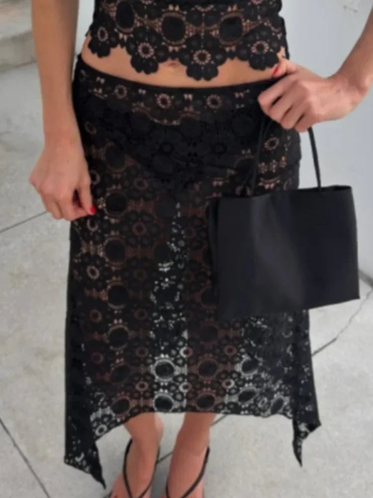 Women Black Halter Hollow Lace Two Piece Skirt Set Sleeveless Stand Collar Slim Camisole 2026 Bar Nightclub Party Evening Outfit