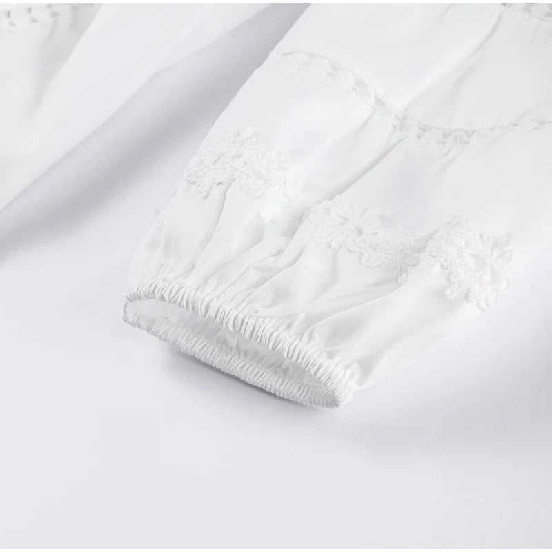 Elegant Lace Hollow Out Women's Long Dress Solid V-neck Patchwork Puff Sleeve Bodycon Dressess Female 2025 Spring New Lady Robes