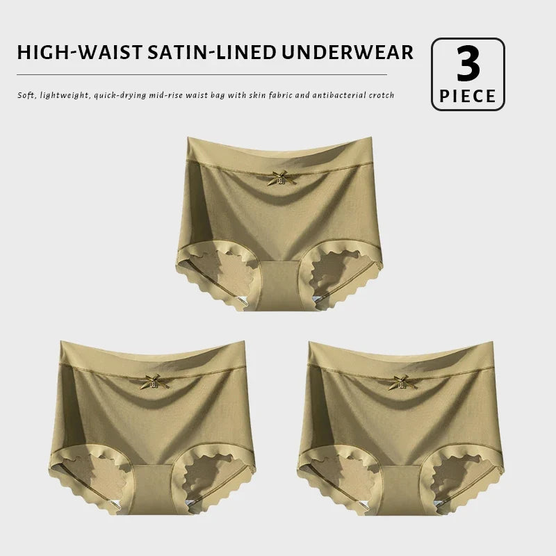 FallSweet 3Pcs Ice Silk Panties for Women Seamless High-Rise Briefs Plus Size Underwear Boyshort Sexy Lingerie for Everyday Wear