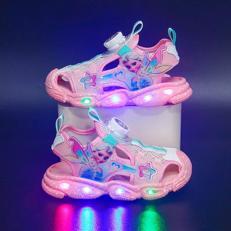 Disney LED Sport Sandals Summer Cartoon Princess Elsa Sandals For Girls Casual Beach Shoe Soft Sole Non-slip Kids Shoes Size 22-
