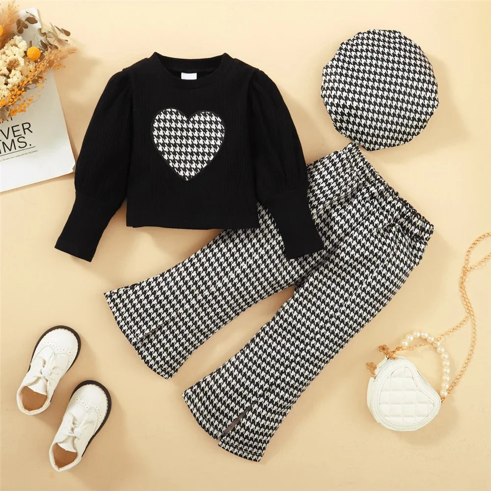 1-6 Year Little Girl Clothes Set, Love Heart Print, Long Sleeve 3PCS Outfits.