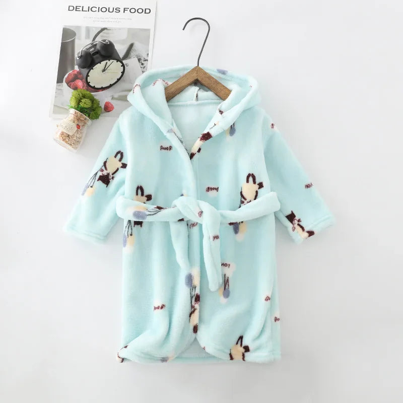 Winter Children Flannel Bath Robe Baby Cartoon Printed Hooded Bathrobe Baby Boy Girl Pajamas Kids Sleepwear Robe Nightgown