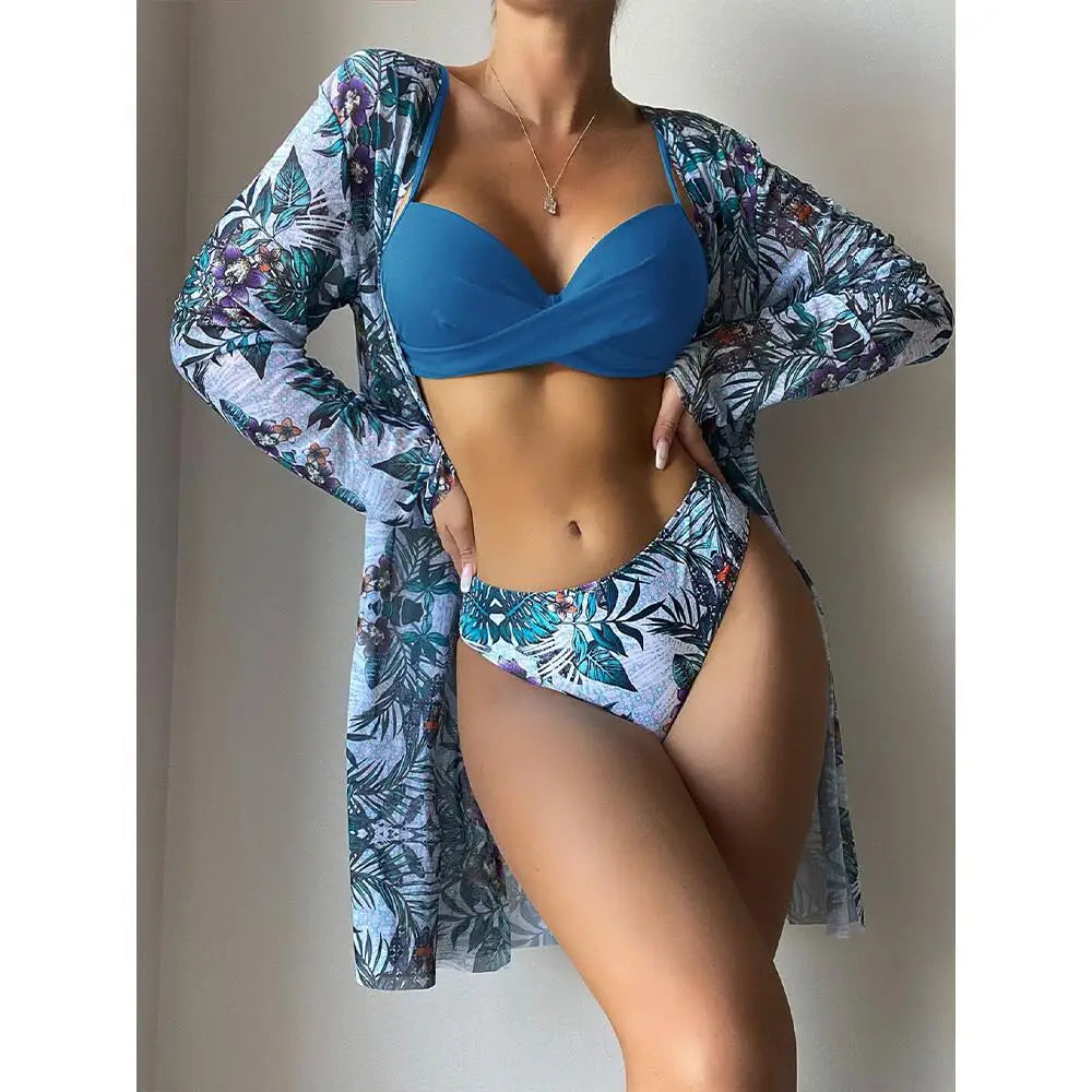 Three Pieces Bikini Set Cover Up Women New Push Up Twist Swimsuit Print Long Sleeve Swimwear Biquini Bathing Suit Summer