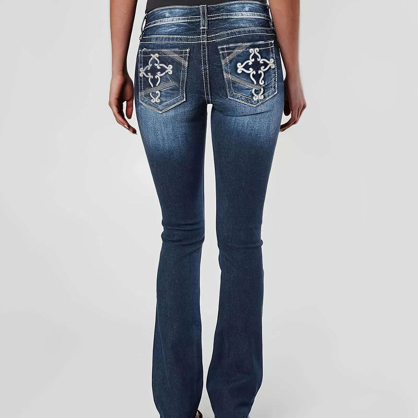 Womens Jeans Mid Waisted Straight Leg Long Pants Stretch Juniors Jeans Washed Back Pocket Embroidered Slim Fit Jeans For Women