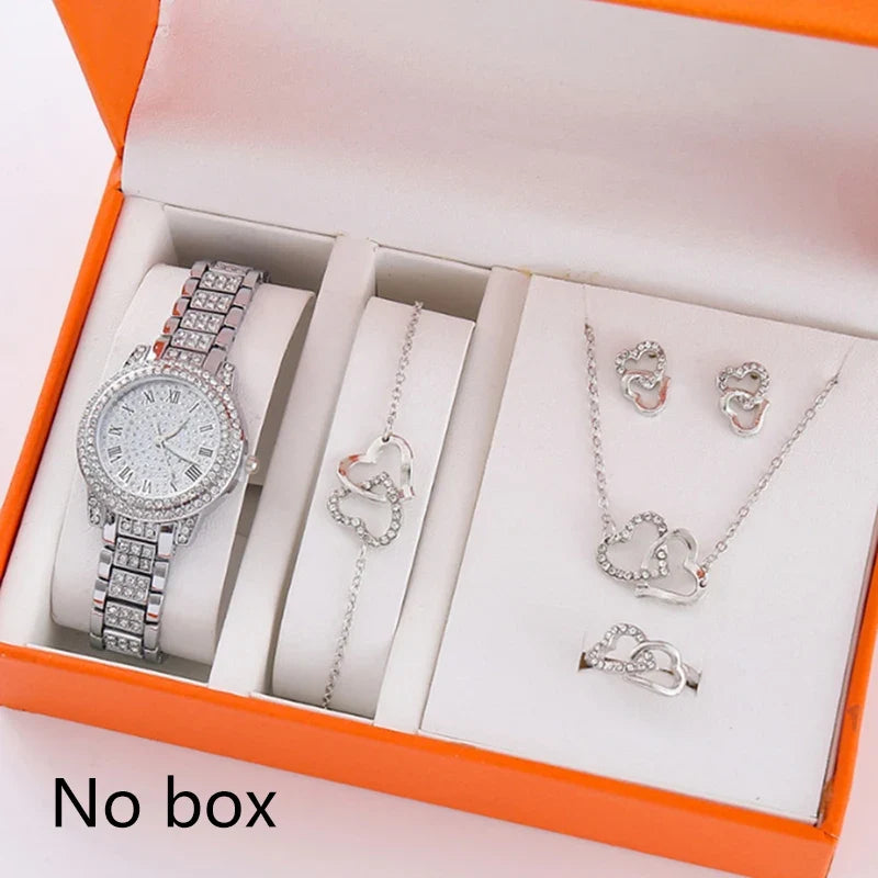 6Pcs/Set Women's Rhinestone Quartz Watch Set Fashion Wrist Watch & Jewelry Set Gift.▪