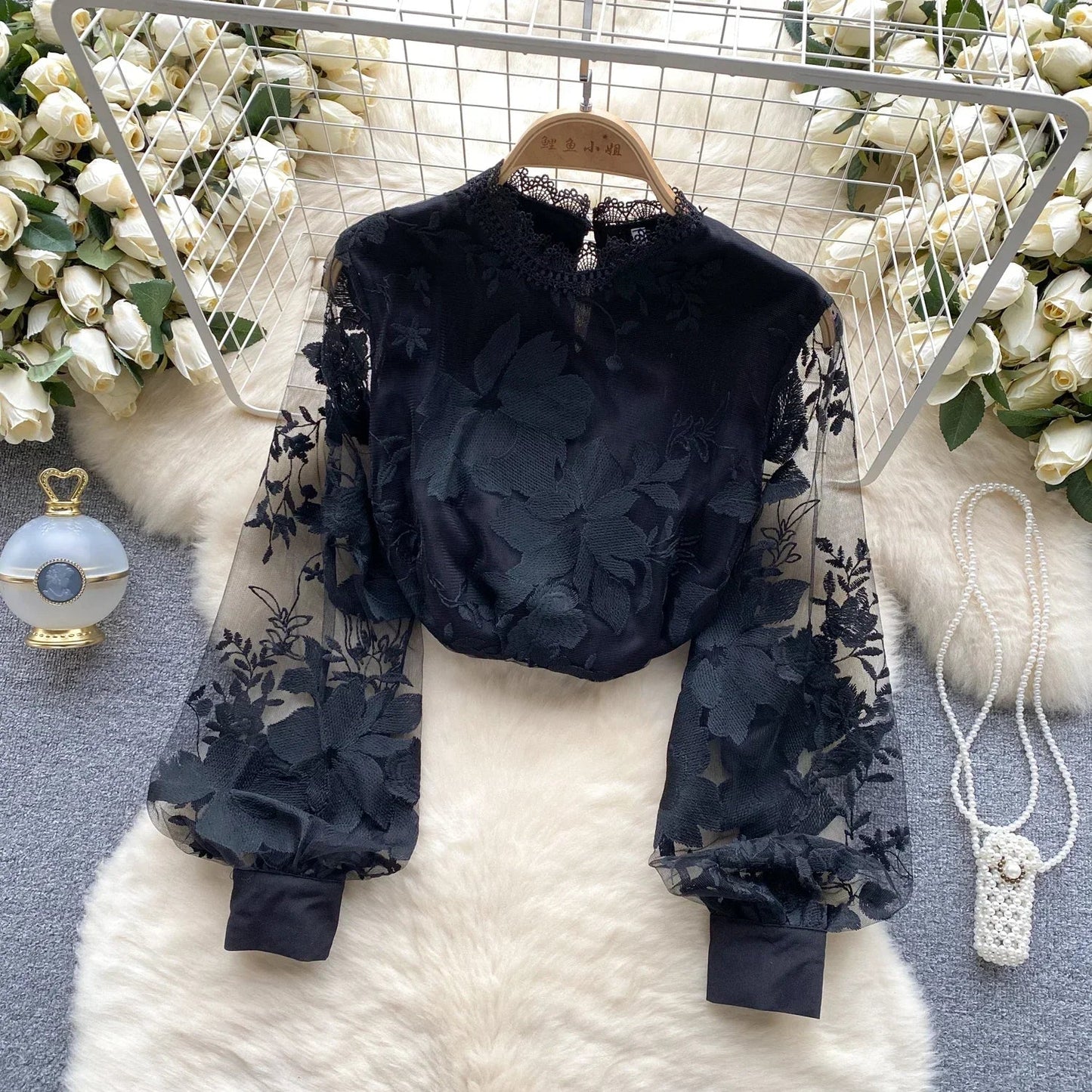 Vintage Blouse for Women Hollow Lace Sheer Long Lantern Sleeve Stand Collar Skinny Blouses Versatile Female Tops Dropshipping