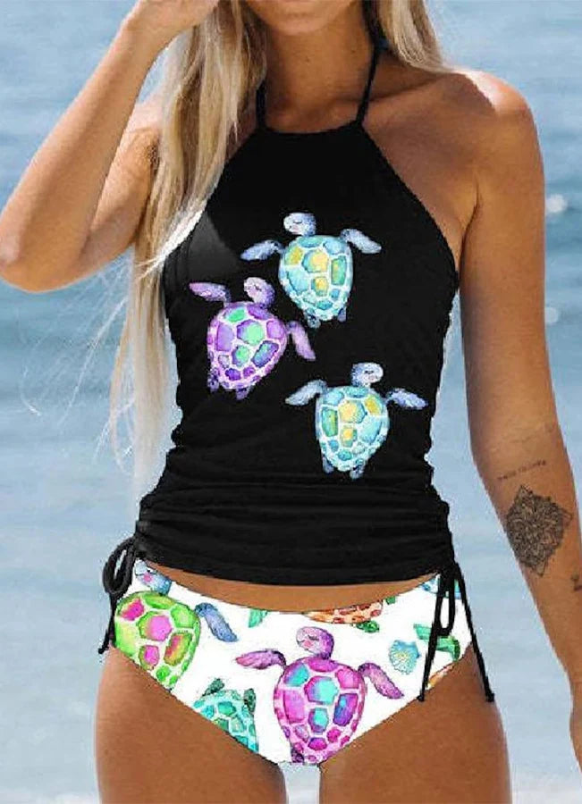 Summer New High Elastic Bikini Set Small Turtle Print Two Piece Set Lace Up Sexy Women's Beach Swimsuit S-6XL