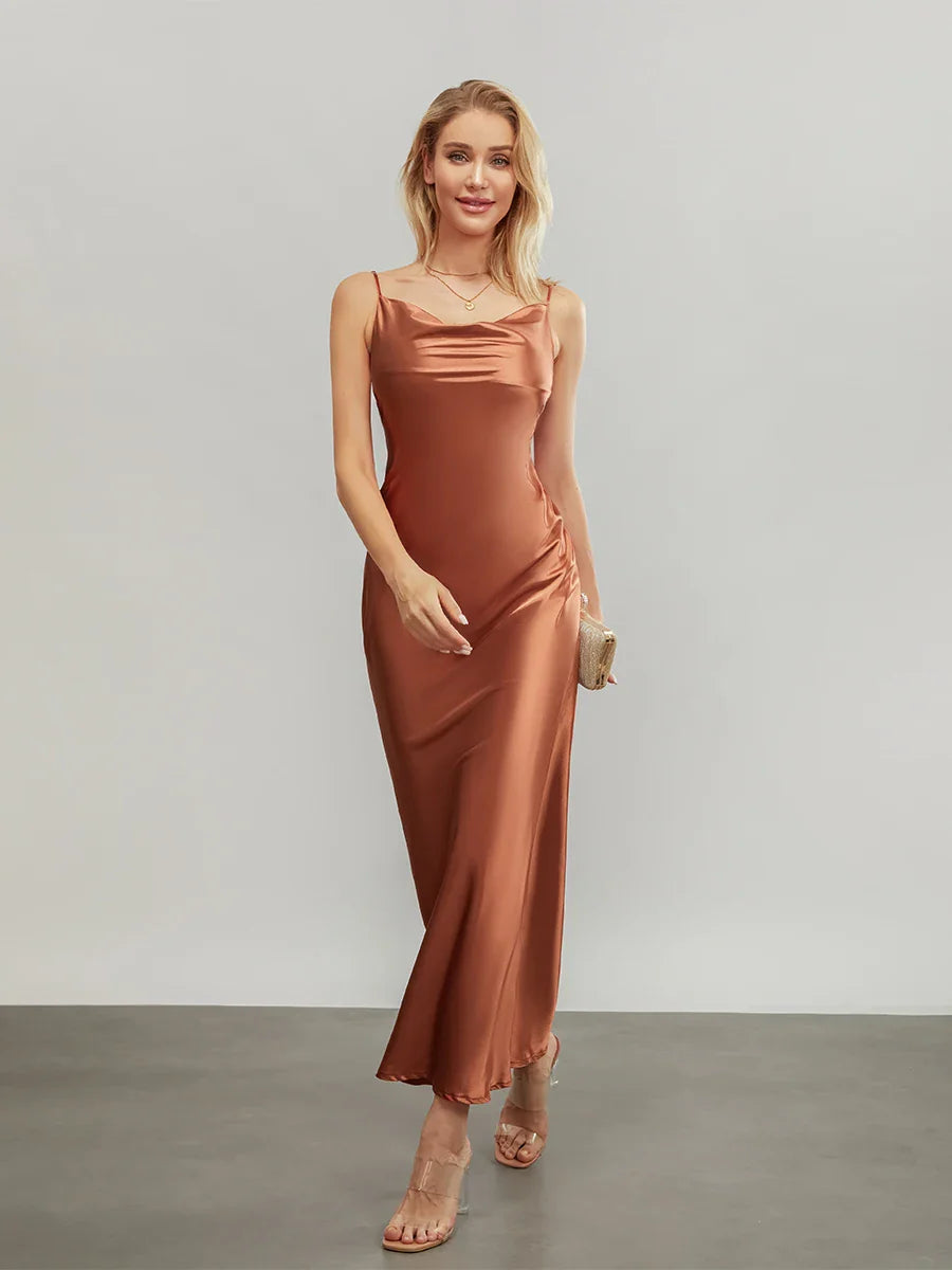 wsevypo Elegant Spaghetti Straps Satin Long Dress Solid Color Sleeveless Cowl Neck Wrap Party Dress Summer Backless Cami Dress