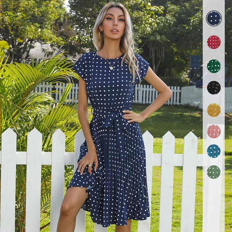 Summer Dresses For Women High Waist Midi Elegant Pleated Polka Dots , Dinner Party Vacation Dress.