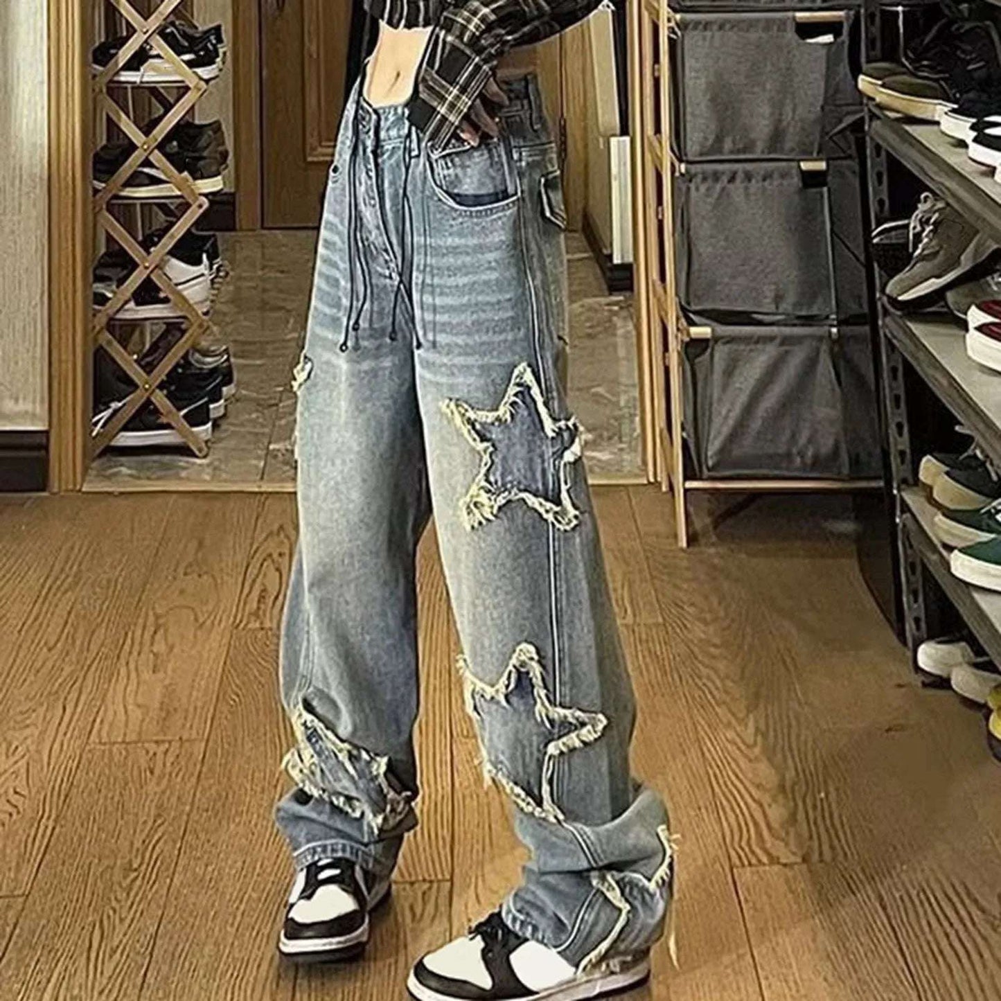 Star Y2k Baggy Wide Leg Jeans Women Vintage Streetwear Washed Denim Pants Grunge Basic Slouchy Blue Trousers Femme Autumn Jeans