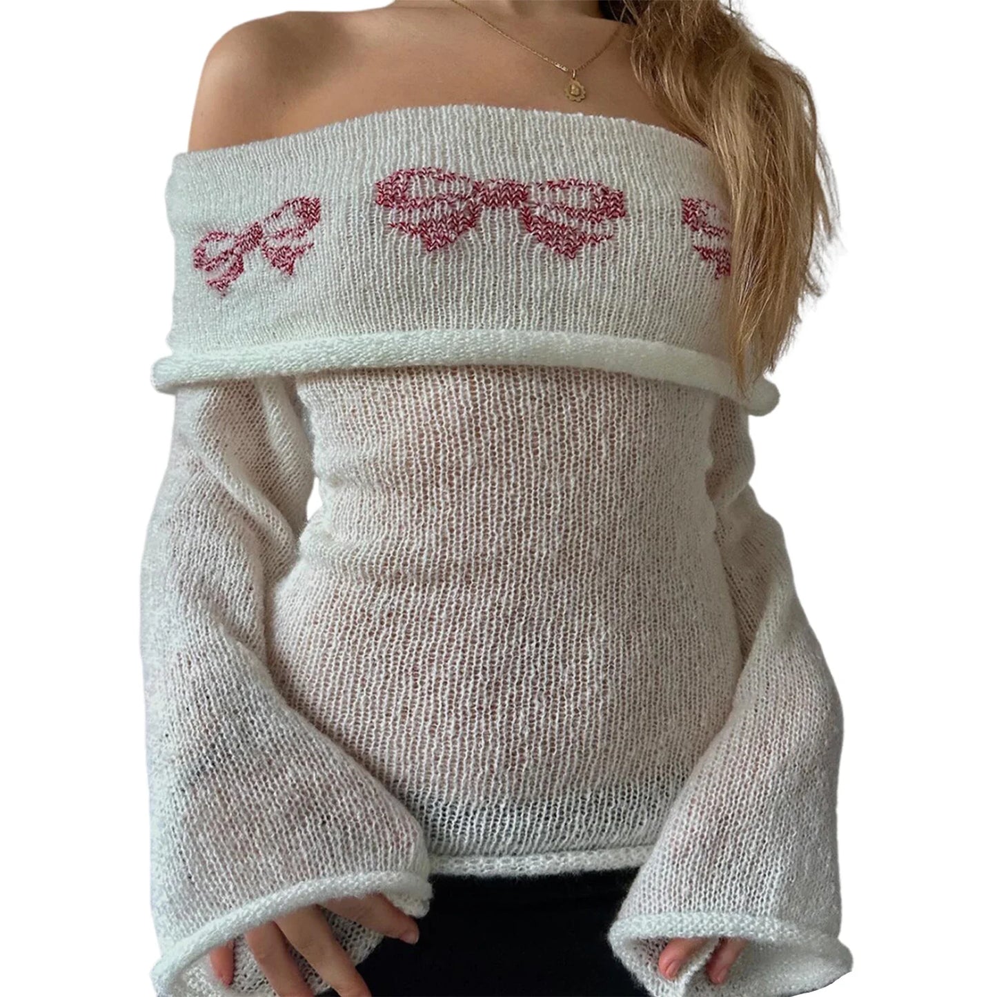 Women s Off Shoulder Sweaters Chest Folding Boat Neck Long Sleeve  Fit Casual Knitted Tops