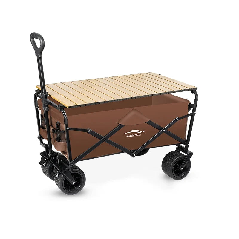 Heavy Duty Foldable Camping Wagon with Wooden Table Board All-Terrain Wheels Collapsible Utility Cart Large Capacity Portable