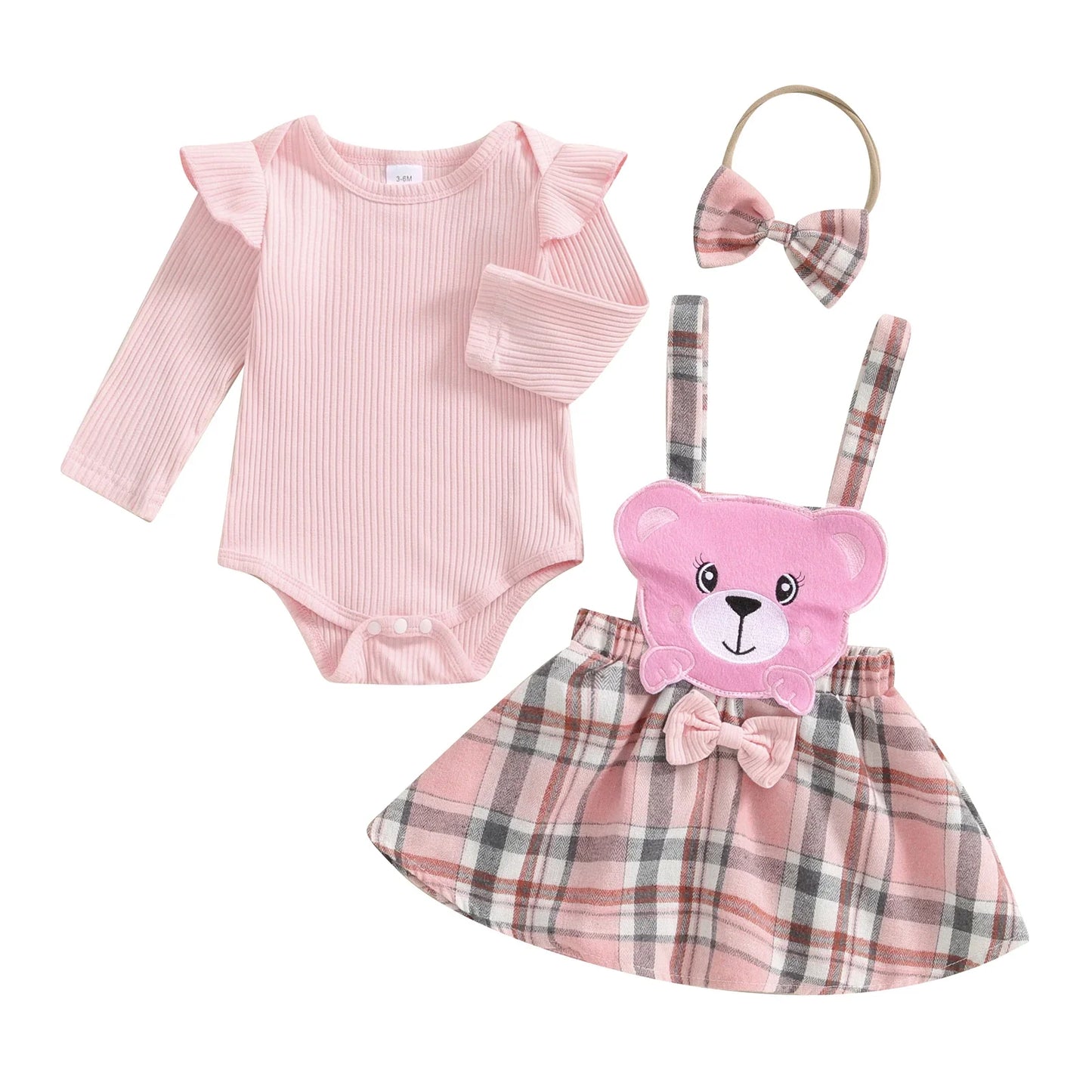 Baby Girls 3Pcs Fall Outfits Long Sleeve Romper + Bear Suspender Skirt + Headband Set Newborn Clothes