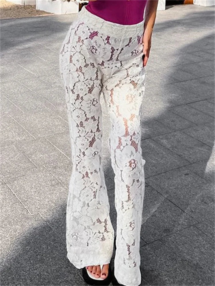 Tossy White Printed High Waist Straight Legg Women Patchwork Hollow Out Fashion See-Through Lace Women's Pants Summer Clothes