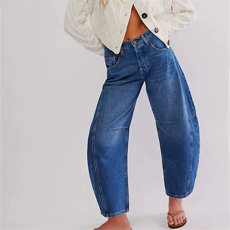Barrel Jeans Women Casual Baggy Wide Leg Horseshoe Denim Pants Y2k Boyfriend Vintage Tapered Jeans Mid Rise Cropped Barrel Pant
