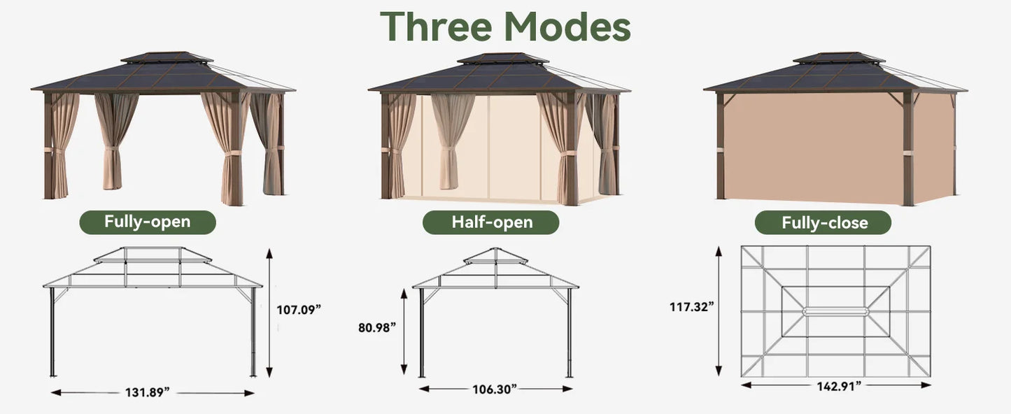 10'x12' Hardtop Gazebo, Aluminum Frame Permanent Pavilion with Curtains, Outdoor Polycarbonate Gazebo, Double Roof Canopy