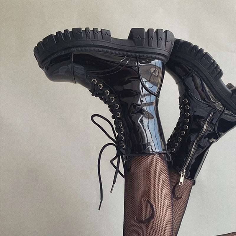 New Women Boots Luxury Zip Brand Design Black Punk Goth Platform Chelsea Fashion Fighting Lace-up Bike Buty Damskie