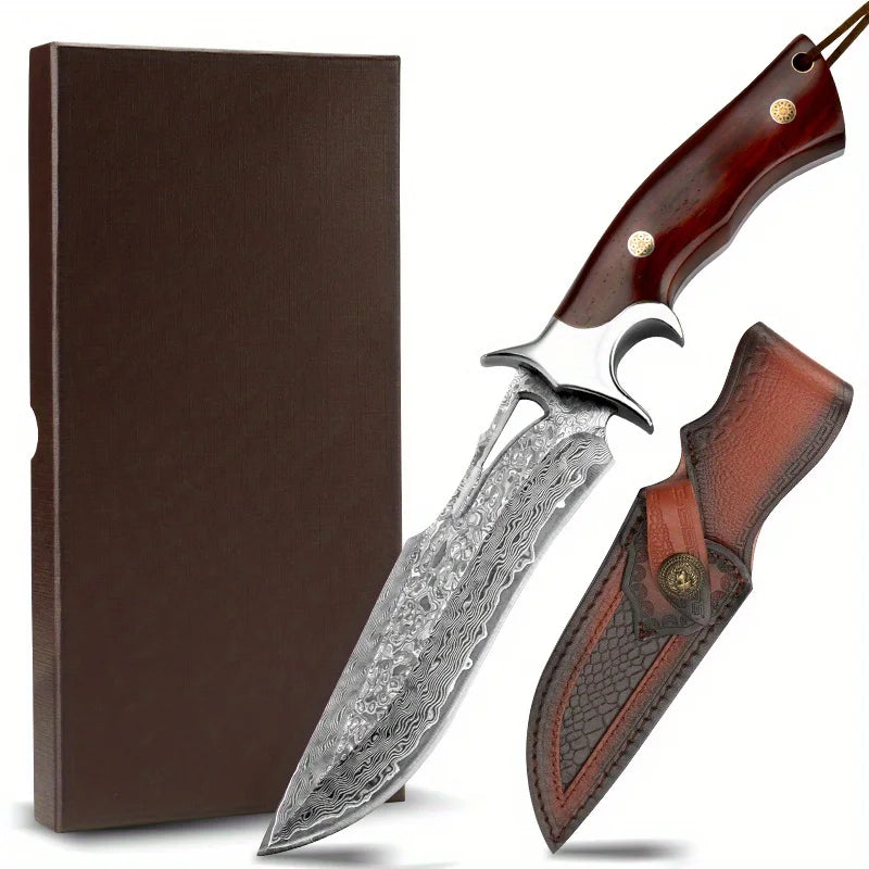 A Large Damascus Handmade Forged Knife - Fixed Blade, Wooden Handle and Leather Sheath, Convenient to Carry, Quick Cutting