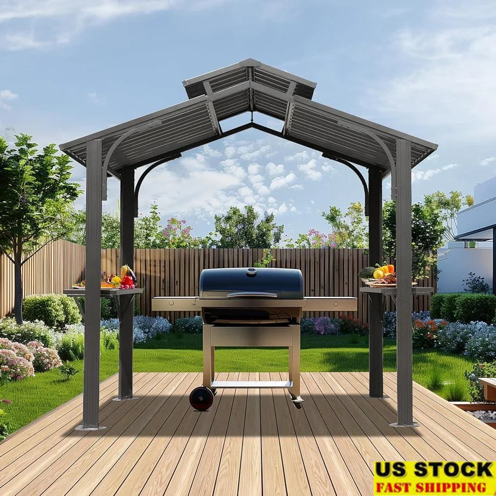 Hardtop Grill Gazebo Canopy Outdoor BBQ Shelter with Double Galvanized Steel Roof Side Shelves Ceiling Hooks and Built-in Bottle