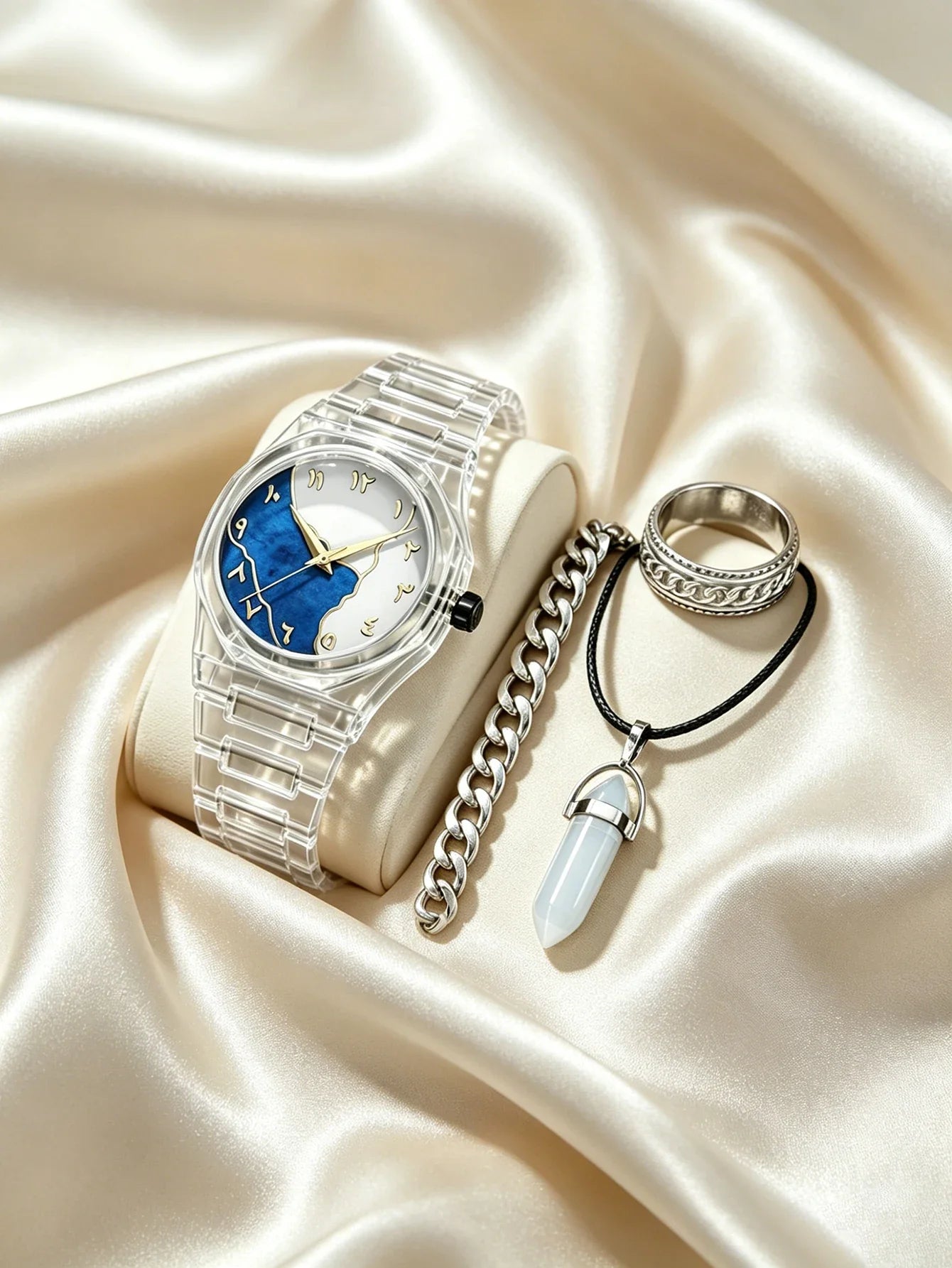 Unisex Casual Fashion Quartz Watch Set with Jewelry Accessories Transparent Case for Daily Wear Holiday Gift