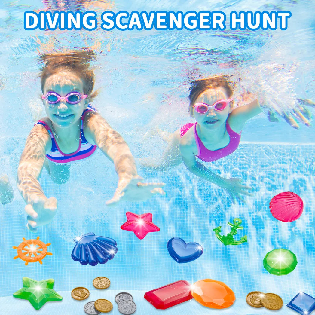 Pool Diving Treasure Chest Set includes treasure Chest, gems, gold silver coins and net bag, summer Pool Pirate diving game toys