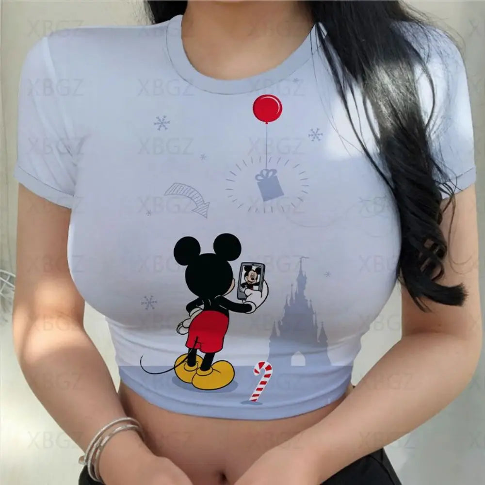 Mickey Crop Top Minnie Mouse Fashion Woman Blouses 2024 Tight Clothes Disney T-shirts Sexy Y2k Party Women's T-shirt Print Tops