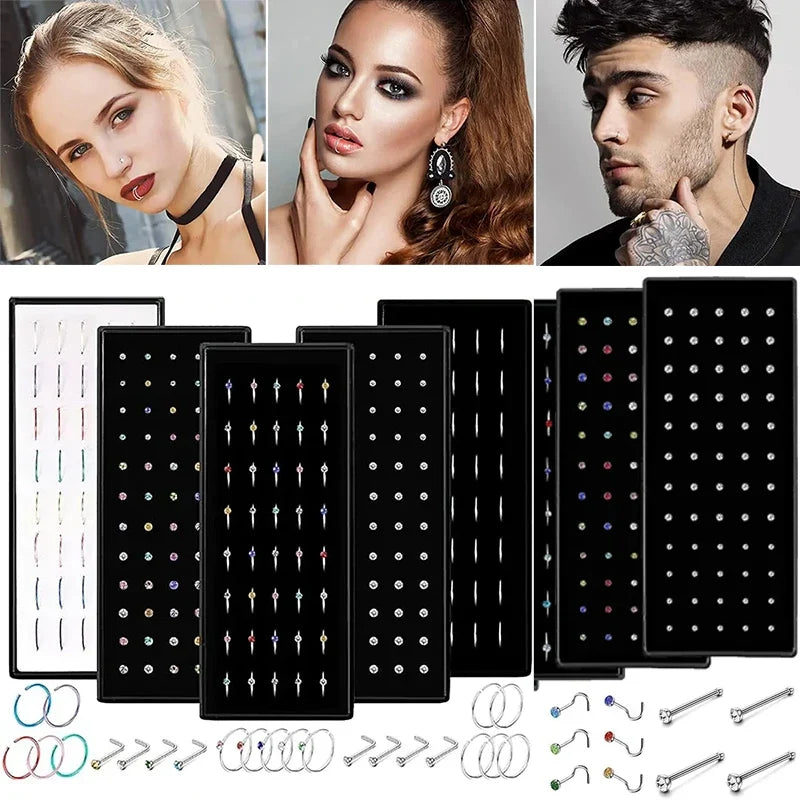 40/60pc Stainless Steel Straight L Nose Stud for Women Nose Ring Set