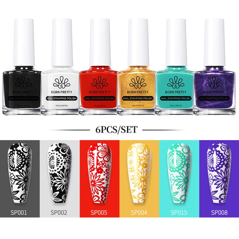 BORN PRETTY 10ml Stamping Nail Polish Set Gold Silver Black White Color Nail Printing Polish DIY for Nail Plate Design Varnish