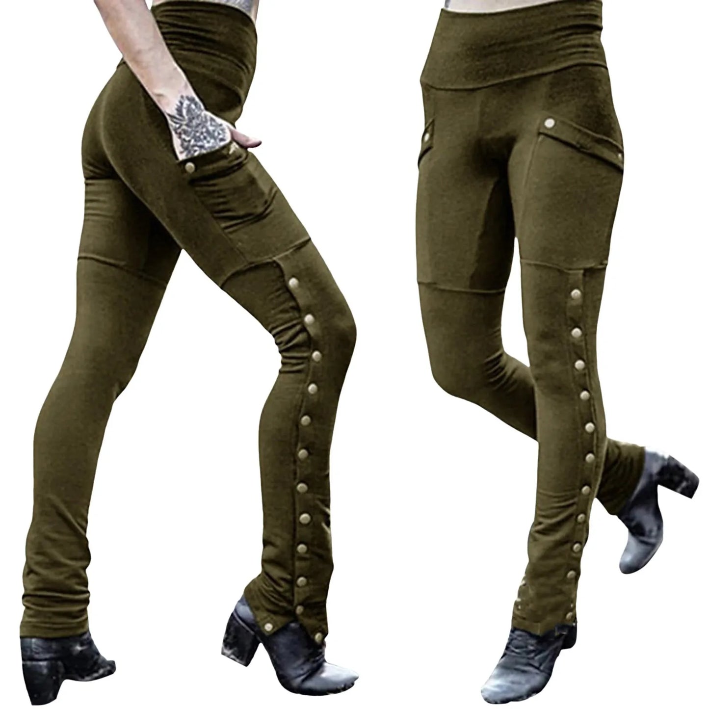 Black Pencil Pants For Women Medieval Gothic Steampunk Rivet Skinny Leggings Trousers Sexy Fashion High Waisted Denim Pants
