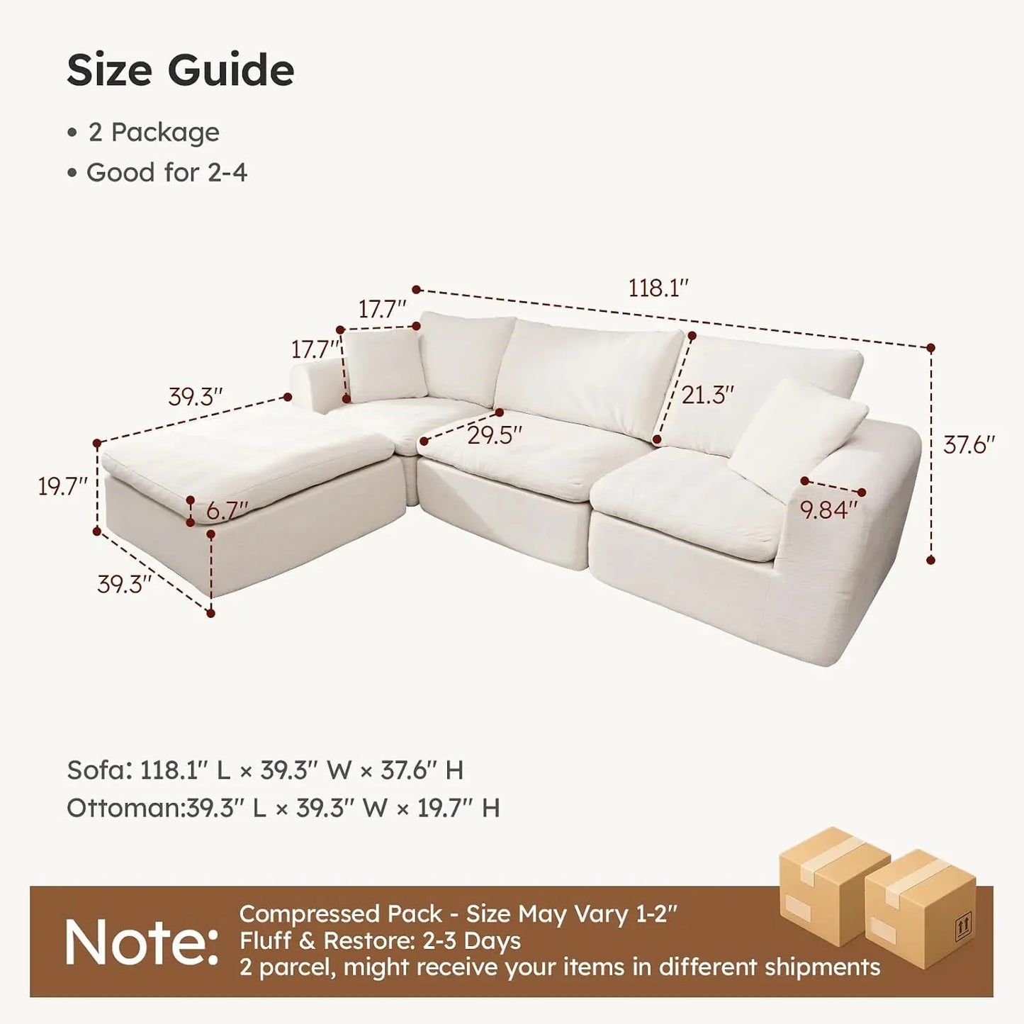 Modular Cloud Sectional Sofa, No Assembly Boneless Couch, High Back Pillows, Living Room & Apartment Durable Fabric, Customized