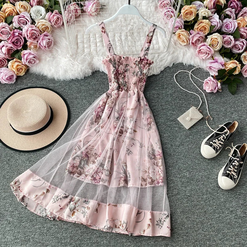 litmage Summer Women's Dress French Retro Square Neck Print Suspender Dress New Waist Lace Feamle Short Dresses HH293