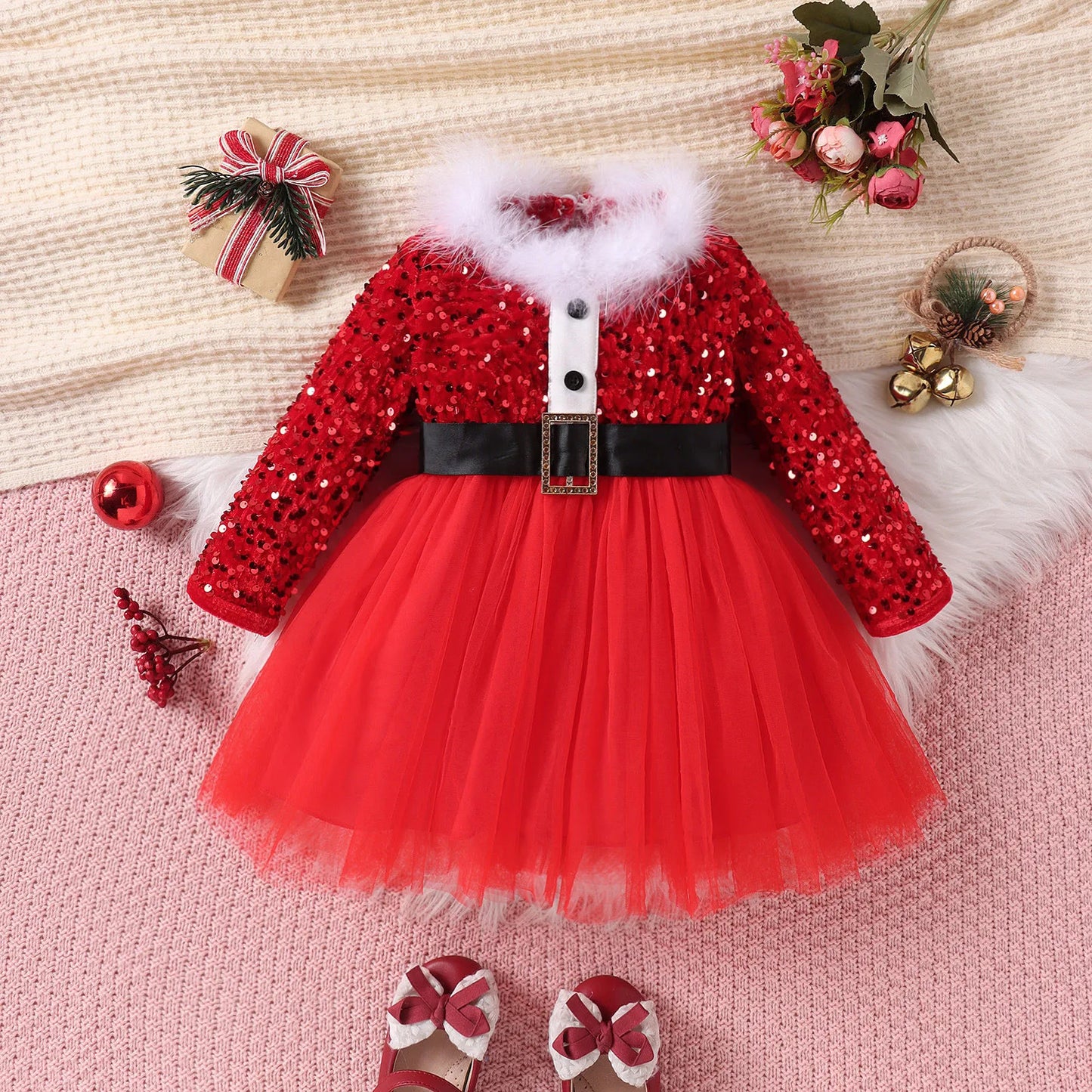 Toddler Baby Girls Christmas Dress Santa Claus Red Princess Tutu Dress with Headband Girls Outfit Kids Girl Dance Party Costumes