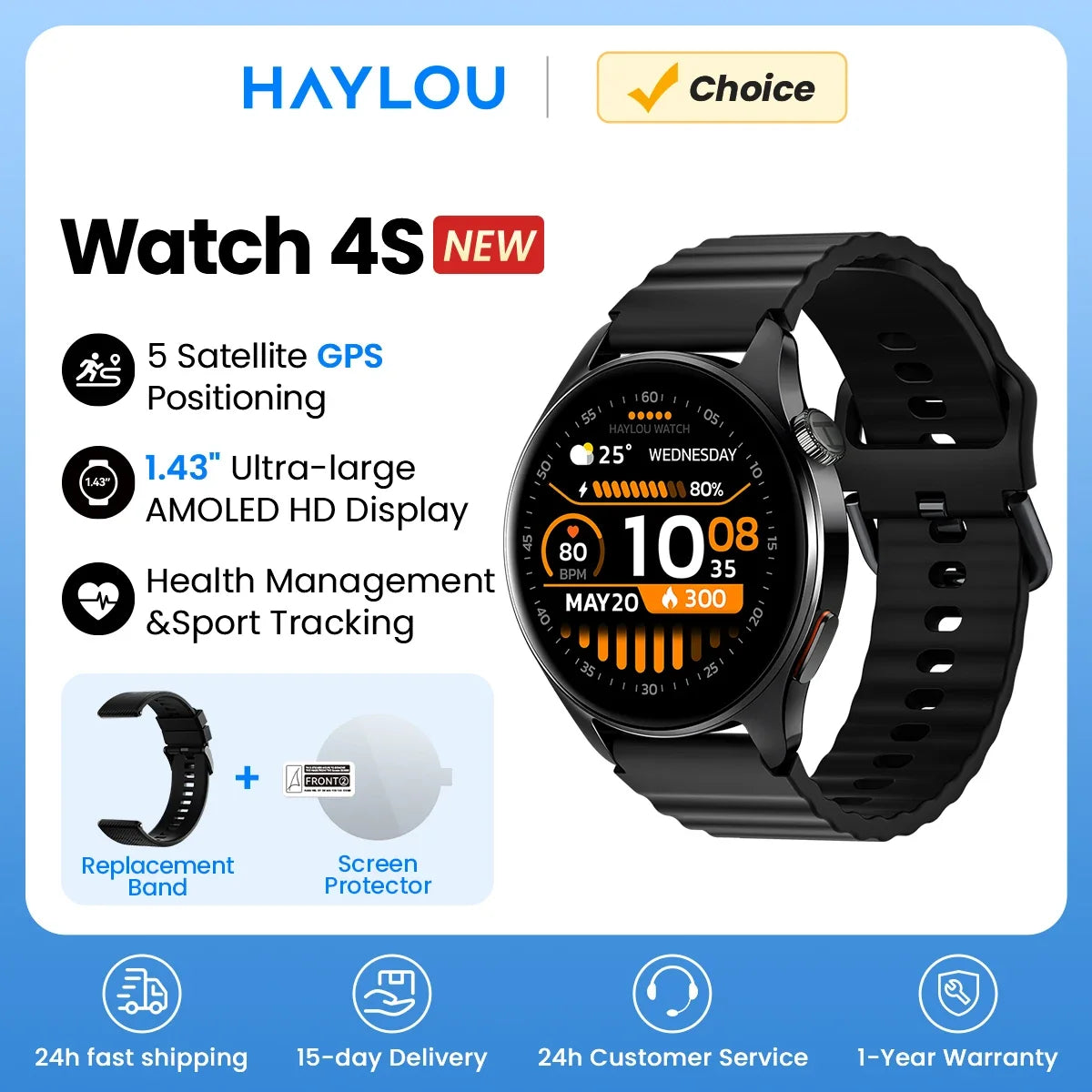 HAYLOU Watch 4S(HF012) GPS Smartwatch 1.43” HD AMOLED 5 Satellite GPS Positioning 120+ Workout Modes Sport Fitness Smart Watch