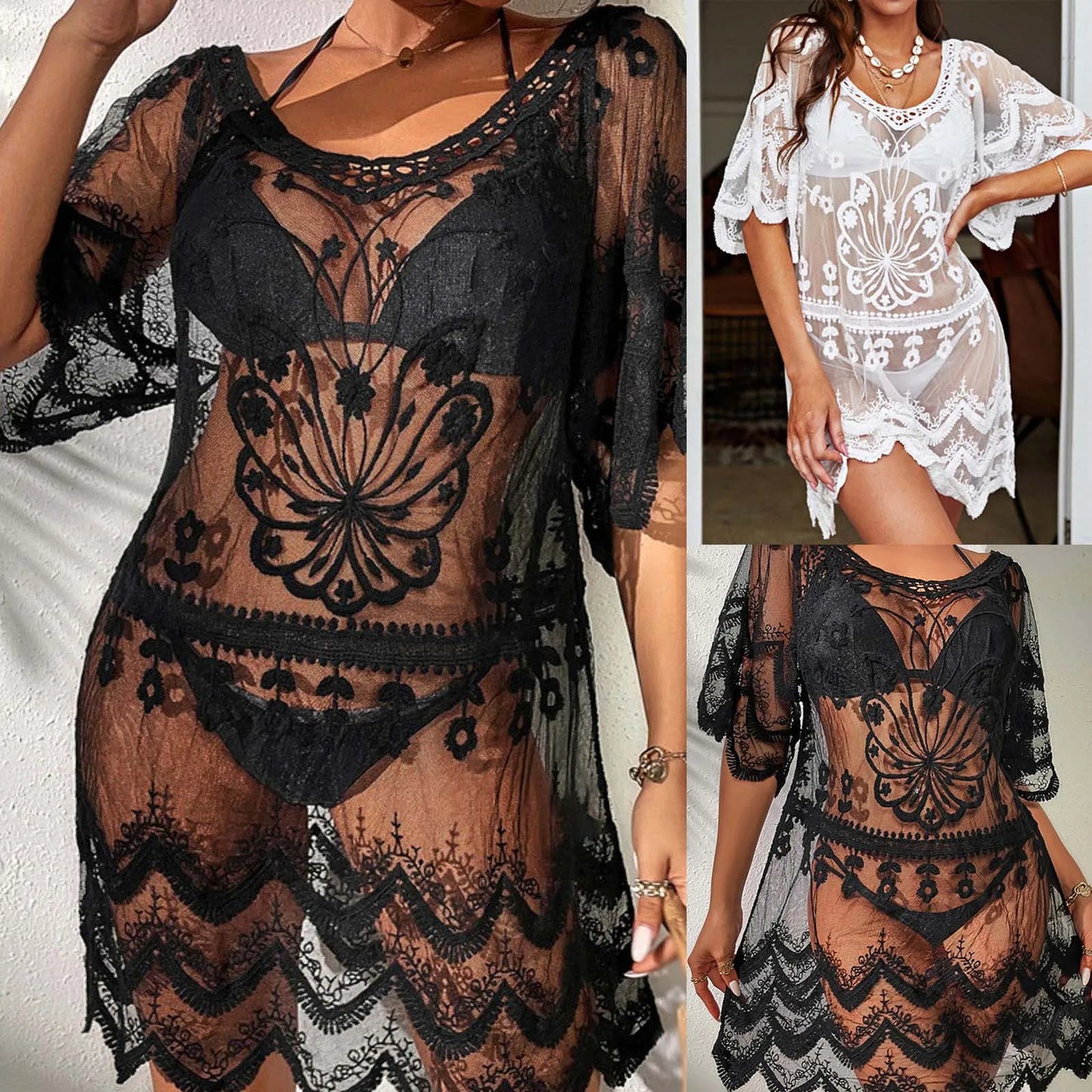 Womens Beach Cover Ups Loose Mid Length Dresses Water Soluble Transparent Lace Shirt Bikini Cover Ups Trajes De BañO Mujer