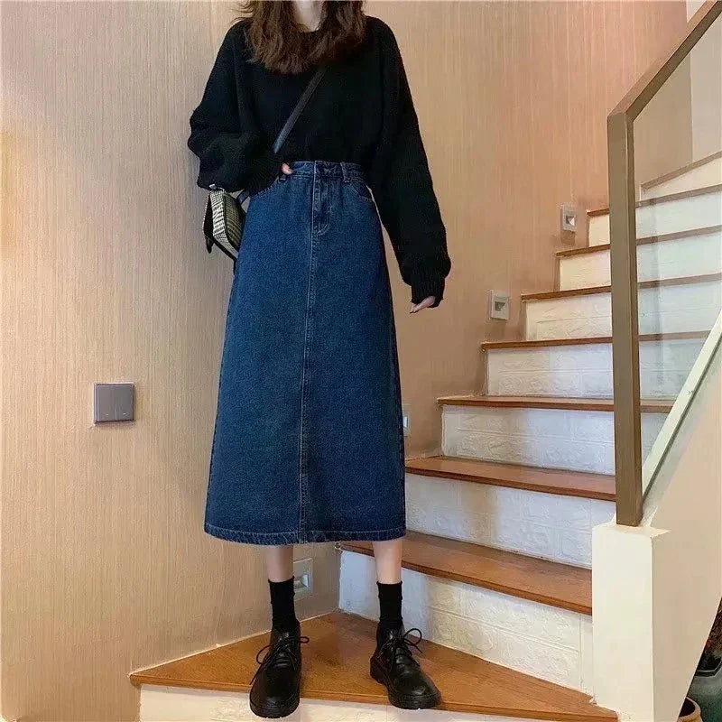Summer Long Denim Skirt Women Oversize 5XL Korean Fashion Split Faldas Jean Mid-Length High Waist Skirts Blue Loose Cowboy Jupe