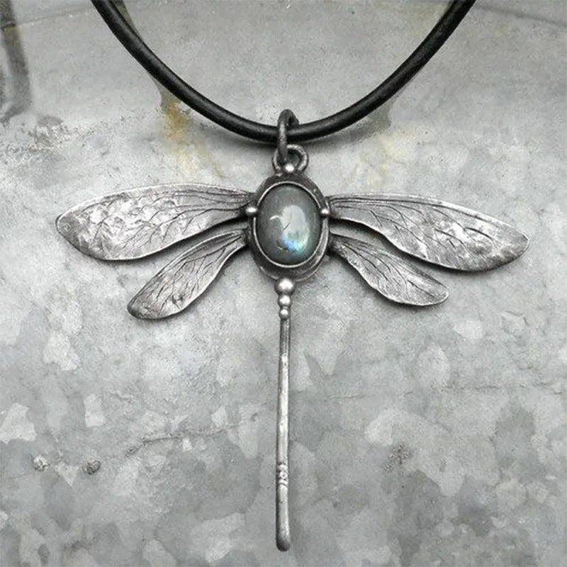 Vintage Insect Dragonfly Moonstone Necklace for Women Girl Charm Leather Rope Choker Necklaces Hiphop Accessories