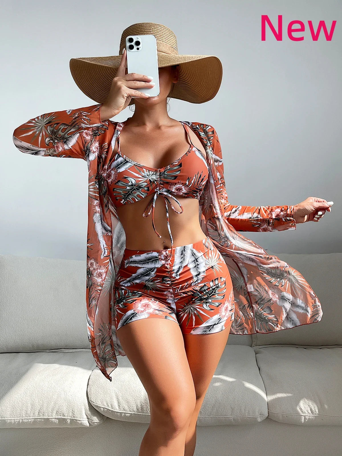 Three Pieces Bikini Set Cover Up Women New Push Up Twist Swimsuit Print Long Sleeve Swimwear Biquini Bathing Suit Summer