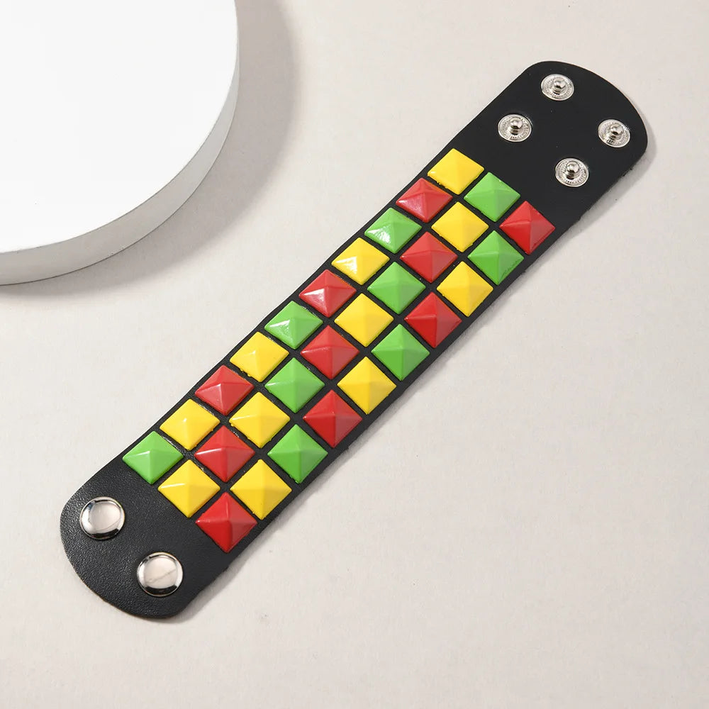 18 Color Punk Hip-Hop Three Rows of Square Rivets PU Leather Big Wide