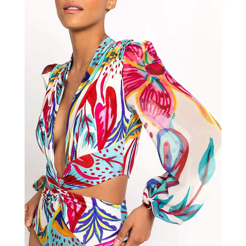 Long sleeve one piece swimsuit for big breast female swimwear 2024 big size bathing suit high waisted cut out sexy floral bikini