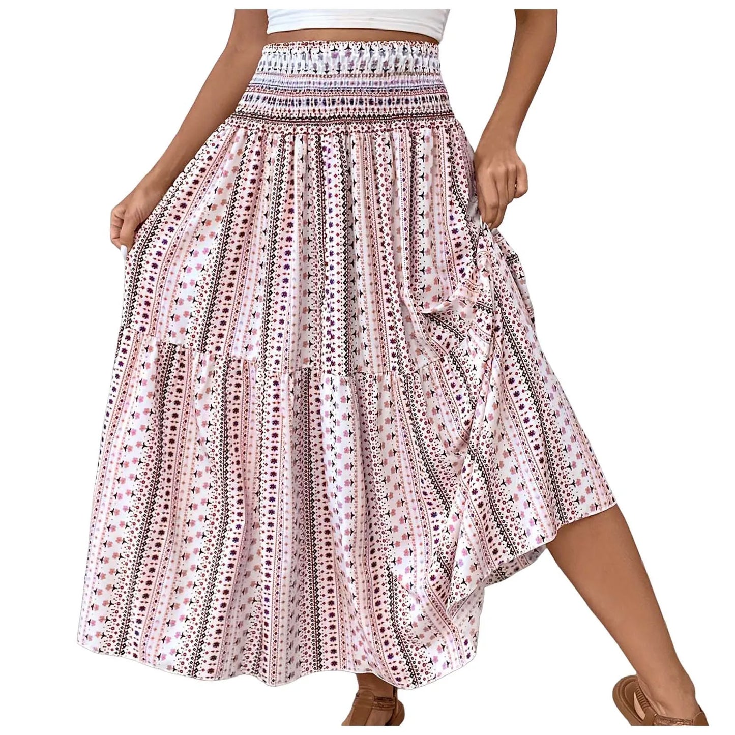 Vintage Boho Skirts For Women Summer Elastic Waist A-Line Faldas Bohemian Printed Flowy Skirt Beachside Swing Maxi Long Skirts